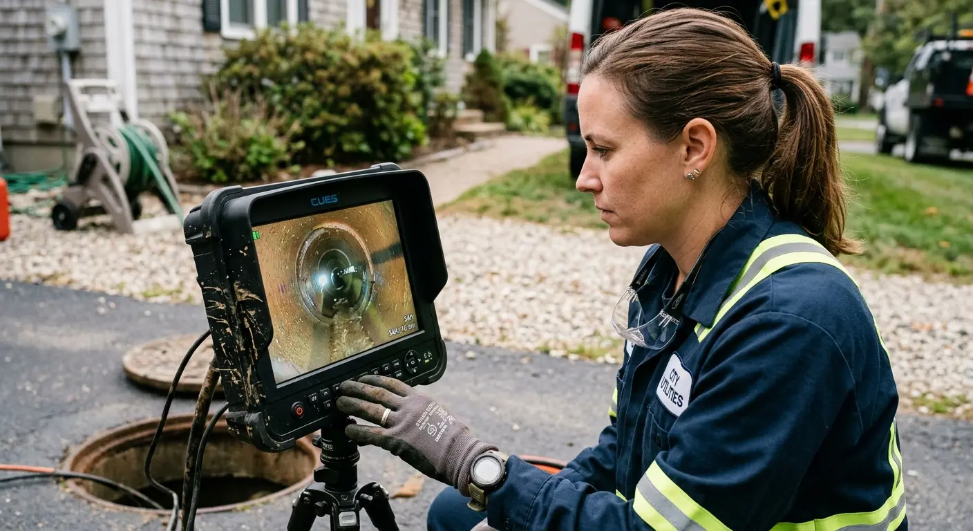 Technician reviewing sewer camera inspection footage in North Greenbush