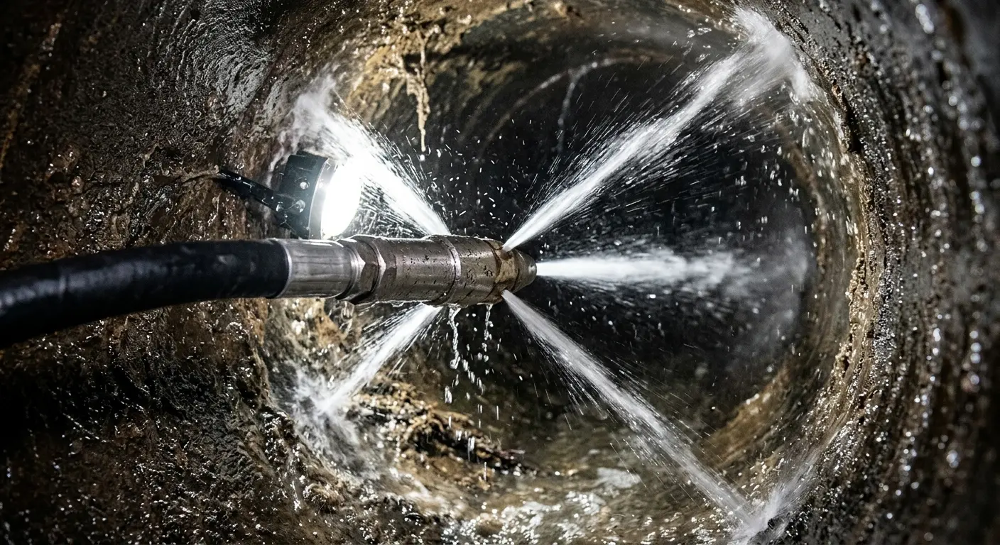 High-pressure hydro jetting nozzle cleaning sewer pipe for Emergency Drain Service in North Greenbush