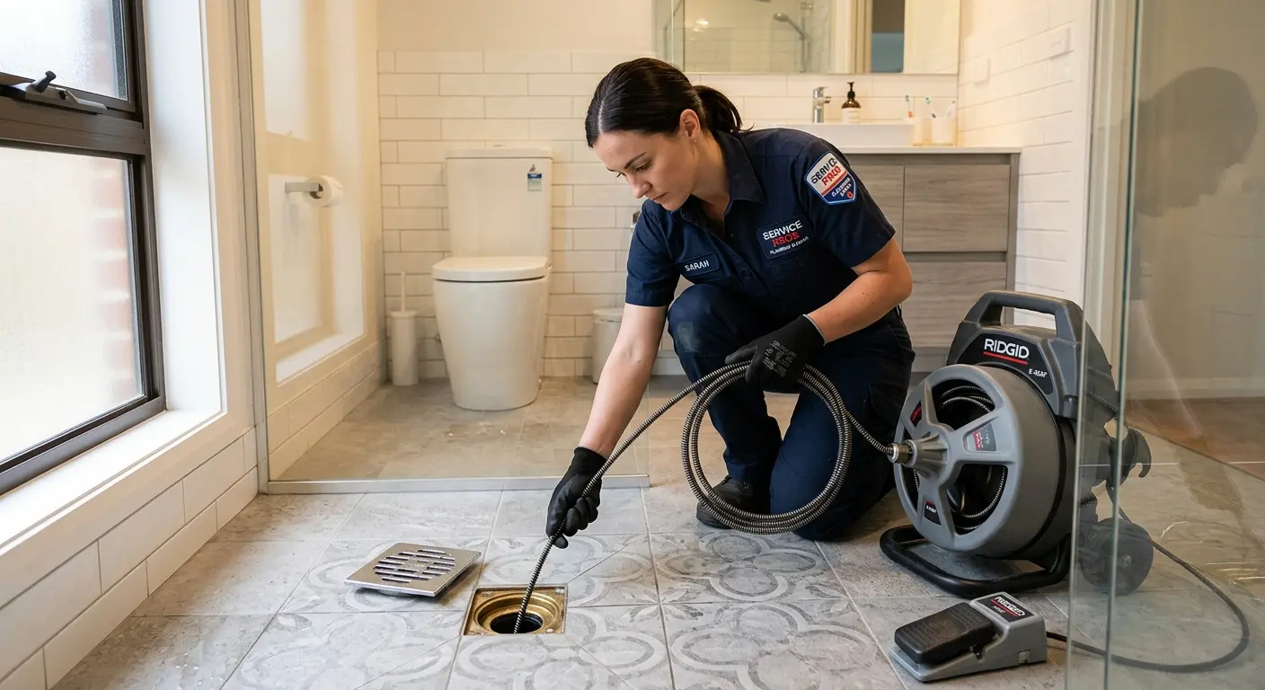 Technician clearing a bathroom floor drain for Hydro Jetting in North Greenbush